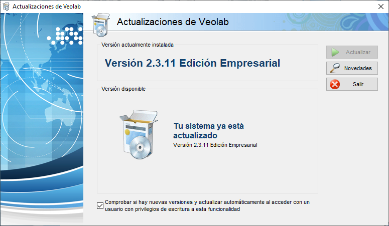 Pantalla de actualizaciones de Veolab