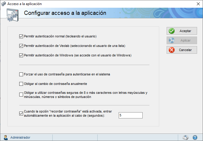 Pantalla de configuración de acceso a la aplicación