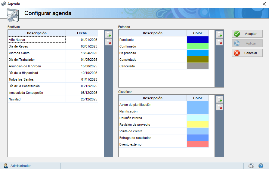 Pantalla de configuración de la agenda