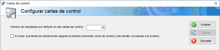 Pantalla de configuración de cartas de control
