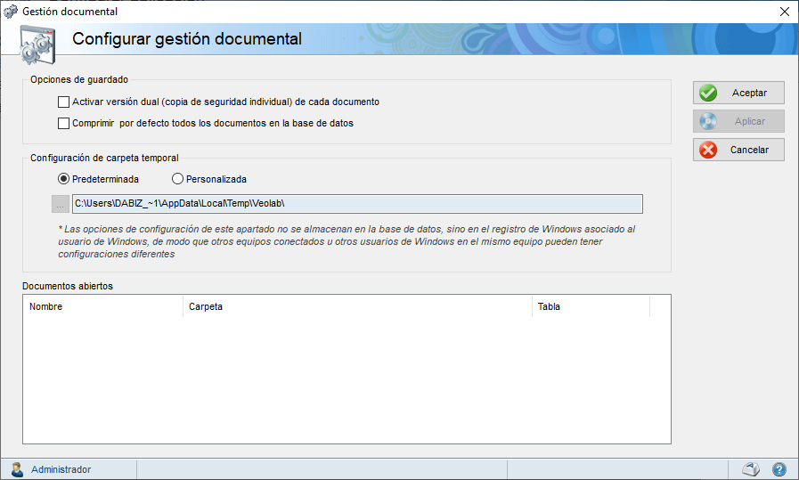 Pantalla de configuración de gestión documental
