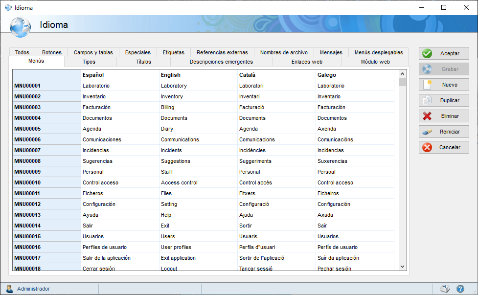 Pantalla de configuración de idioma