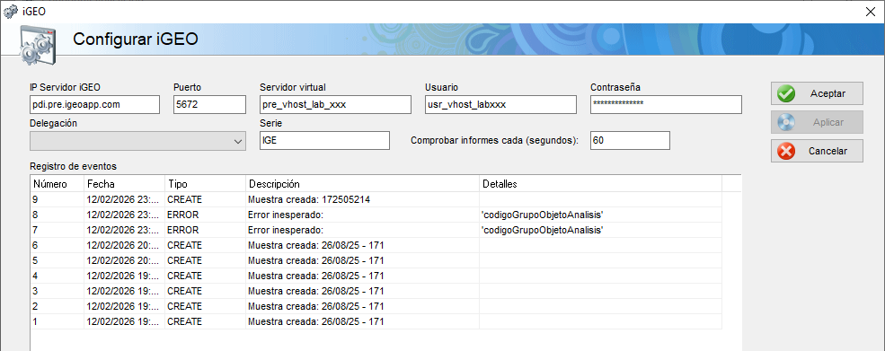 Pantalla de configuración de iGEO