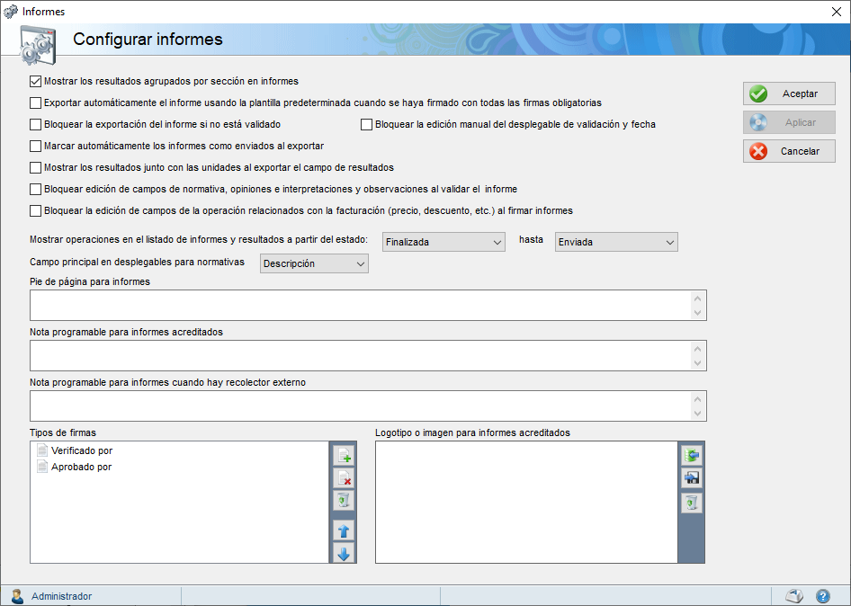 Pantalla de configuración de informes