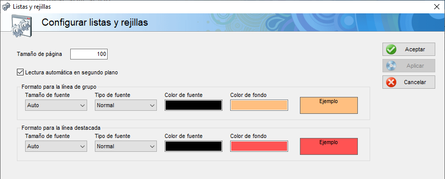 Pantalla de configuración de listas y rejillas