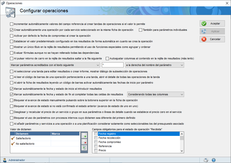 Pantalla de configuración de operaciones
