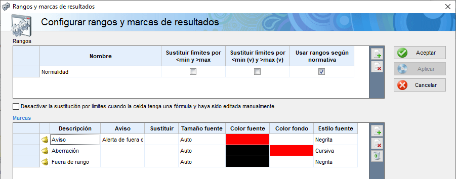 Pantalla de configuración de rangos y marcas de resultados