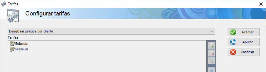 Pantalla de configuración de tarifas