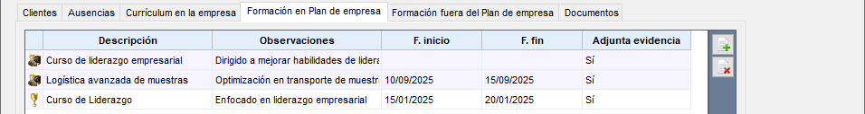 Pestaña de formación en plan de empresa