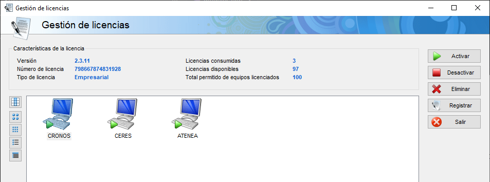 Pantalla de gestión de licencias