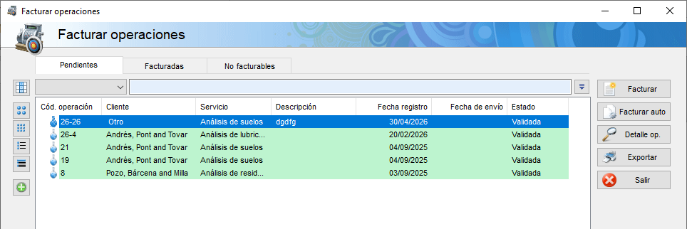 Listado de facturar operaciones