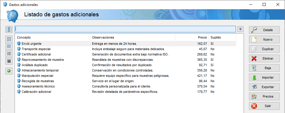 Listado de gastos adicionales