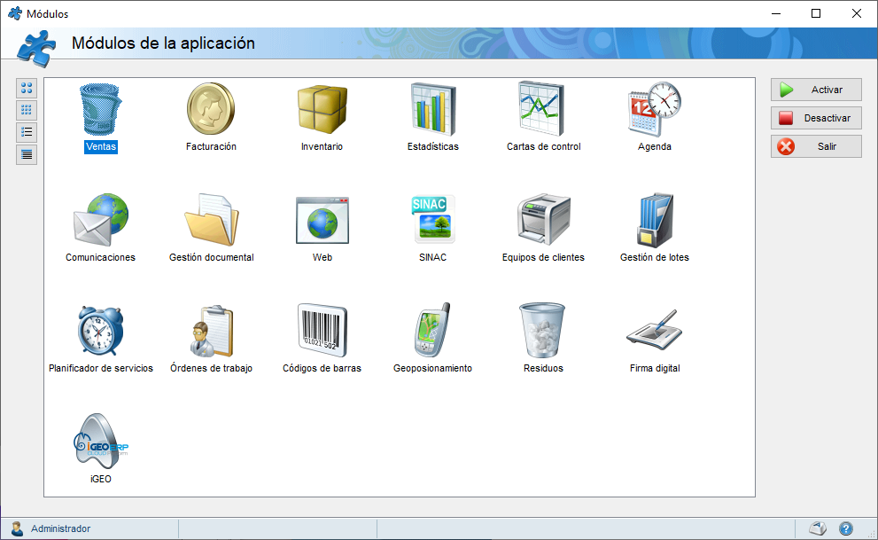 Pantalla de módulos de la aplicación