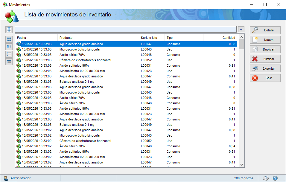 Lista de movimientos de inventario