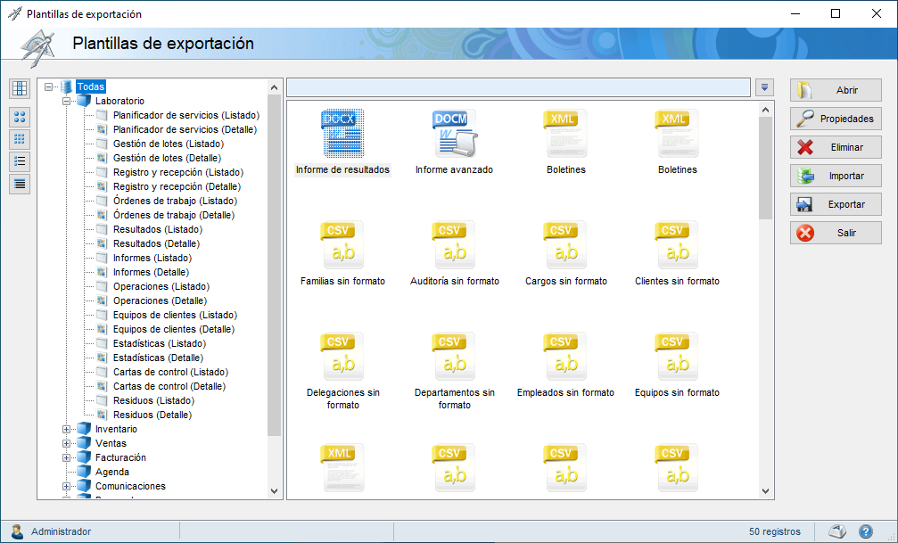 Pantalla de gestión de plantillas de exportación