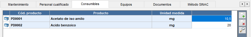 Pestaña Consumibles del parámetro
