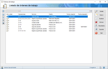 Pantalla de órdenes de trabajo