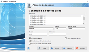 Pantalla de configuración de la conexión a la base de datos